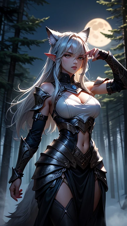 ((best quality)), (detailed), 1 women big pornstar dark barbarian armor, 8k_wallpaper, extremely detailed eyes, (large masterpiece digital art), (intricate details:1.3 ), (ultra-detailed:1.3), (sharp focus:1.3), (natural lighting:1.05), (vivid colors:1.3), (best quality:1.4), expressive eyes, full body, detailed face, beautiful face, perfect face, ((hair sandy white curls)), ((gold horns)), (gold eyes), {{dark skin}}, ({dark skinned female}), big breasts, huge chest, powerful relief muscles of the abdomen and legs, powerful strong muscles of the arms, belly piercing with blue emeralds, cruel predatory and cold-blooded arrogant look and smile, an open red coat with rolled up sleeves, a translucent blue crop top very clear outlines of huge pointed nipples with large piercings under the fabric, steel combat pauldrons, steel bracers and leather gloves, leather shorts under which I can see the clear outlines of a big vagina, walks along the path against the backdrop of a ruined elf village and flowering vines and wild forests, style fantasy and adventure world,