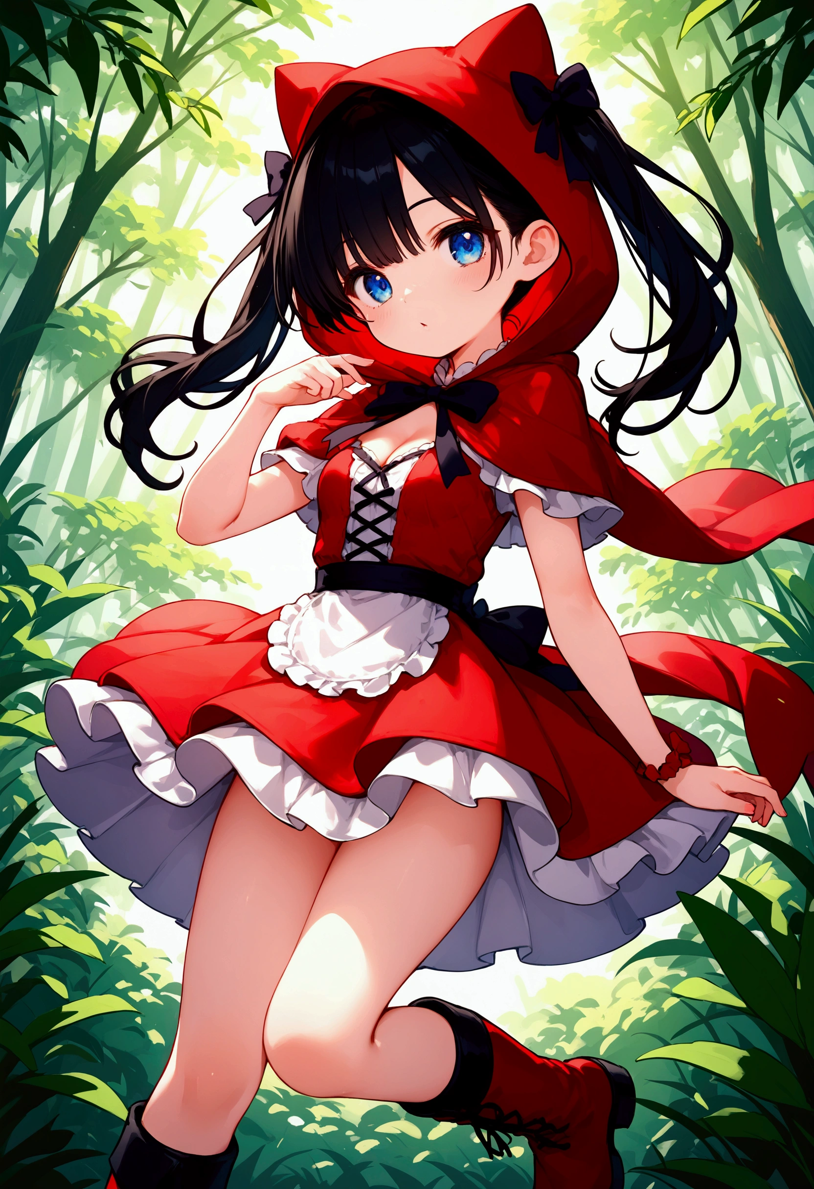 cute with a red dress and princess crown in the forest, her dress up and her white panties down between her legs with her vagina showing and her tearing up and with a sad and scared face
