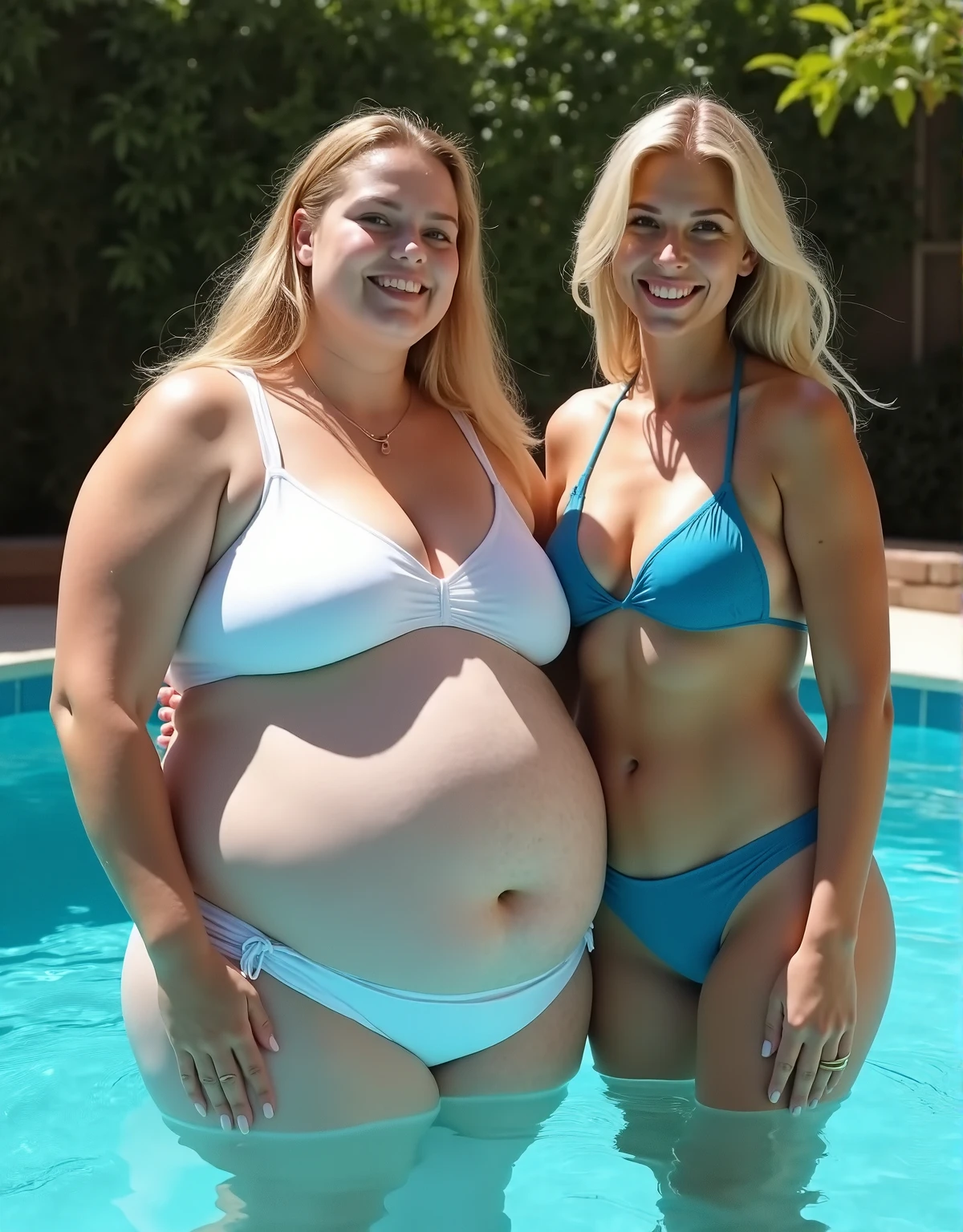 Create a realistic image of a young woman, com 25 anos de idade, white-skinned, long hair and natural red, Wearing a black bikini, being carried in the arms of a 90-year-old lady, obese, Black-skinned, who is wearing a blue closed swimsuit and prescription glasses