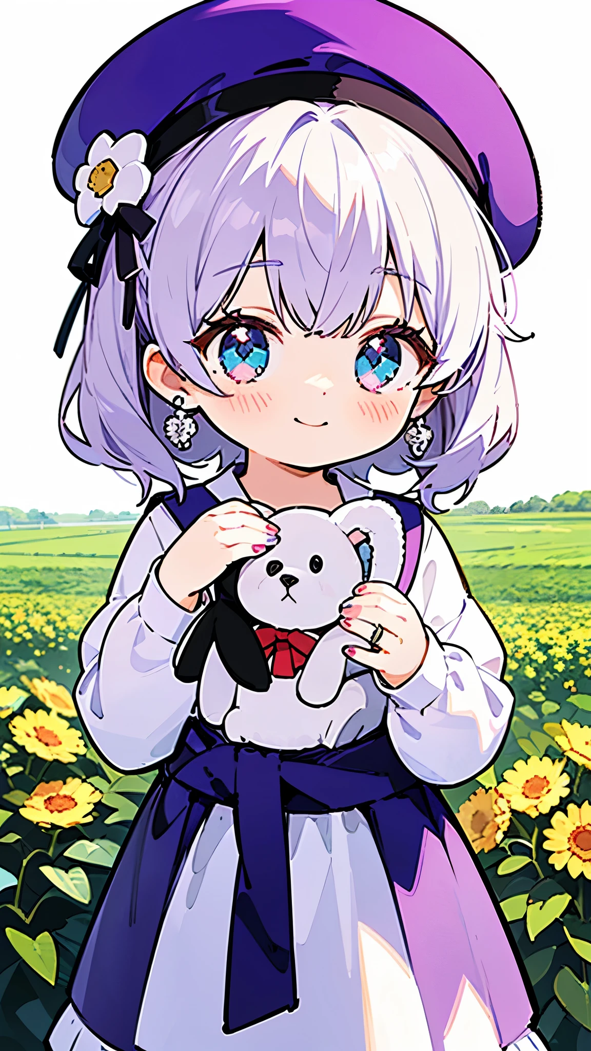 (Masterpiece:1.2),  best quality ,Pixiv,sweet girl portrait, 1 girl,,  stuffed dog , 白い stuffed dog , Alone,  holding on gemst,  farm work ,  holding on gemst  stuffed dog , hair ornament, earrings, Sparkling,  jewelry, is staring at the viewer, Closed Her Mouth ,  delicate makeup,bangs , , beret,Light purple色の髪の色, blue eyes,   white background ,ribbon, nail polish,  shirt, tight dress,  hair ring, smile,  waist-length fluffy hair,((Light purple))
