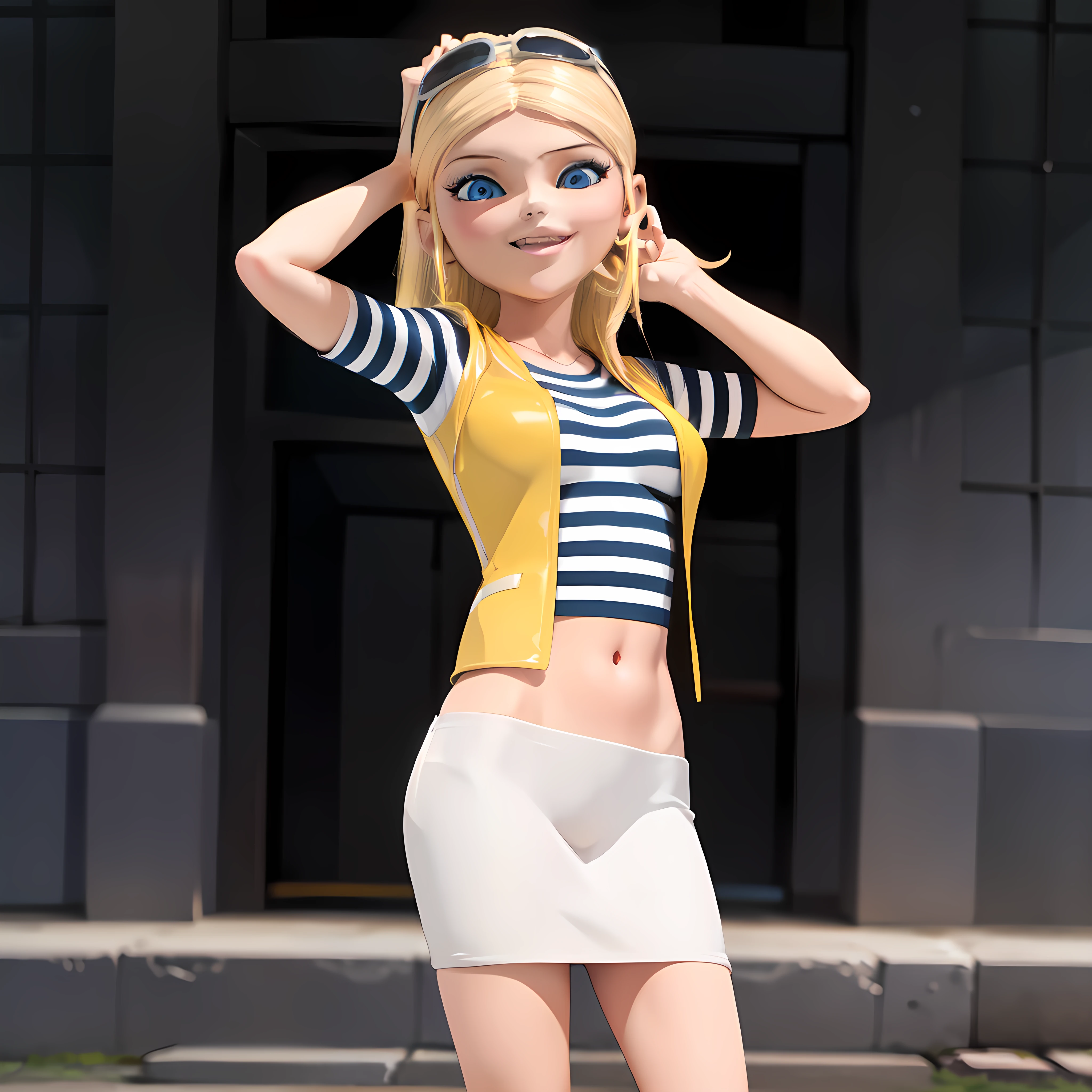 photorealistic, (4k), depth of field, (Masterpiece), (realistic skin texture), extremely detailed, intricate, hyper detailed, high resolution, depth of field, sharp detail, best quality, (8k, RAW photo, best quality, masterpiece:1.2), (intricate details), highres, perfect eyes, perfect face, perfect lighting, beautiful, (masterpiece:1.2), (best quality:1.2), 1girl, solo, chloe, blue eyes, blonde, sunglasses on the head, yellow vest, white miniskirt, black white striped shirt, long yellow socks, navel shirt, big size breast, peace sign hand. smiling, showing teeth, posing