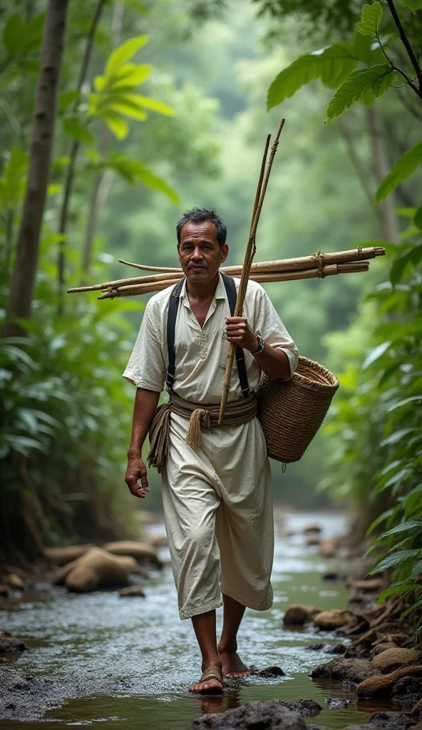 The man, now on the other side of the river, is shown struggling to carry the heavy raft on his back as he walks along a forest path. His posture is hunched under the weight, and his face shows signs of fatigue. The path ahead is winding and steep, illustrating the burden he now bears by holding onto something he no longer needs.
