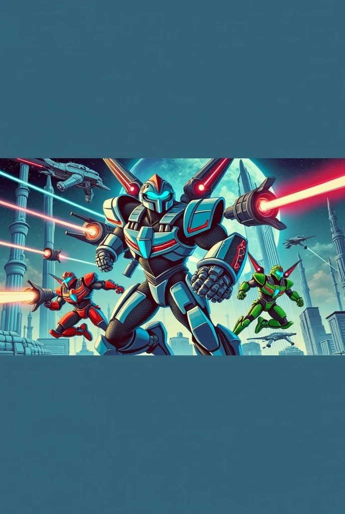 Create a vibrant cartoon illustration that blends a modern art style with the classic 'old centurions' theme. The scene features muscular warriors wearing futuristic armor inspired by Roman and Greek aesthetics, such as metallic breastplates, helmets with plume designs, and glowing accents. They stand in a dynamic battle pose on a high-tech battlefield with hints of ancient ruins in the background. The art style should feature bold lines, vivid colors, and a semi-realistic cartoon approach, combining the energy of modern animation with the grandeur of ancient warriors."