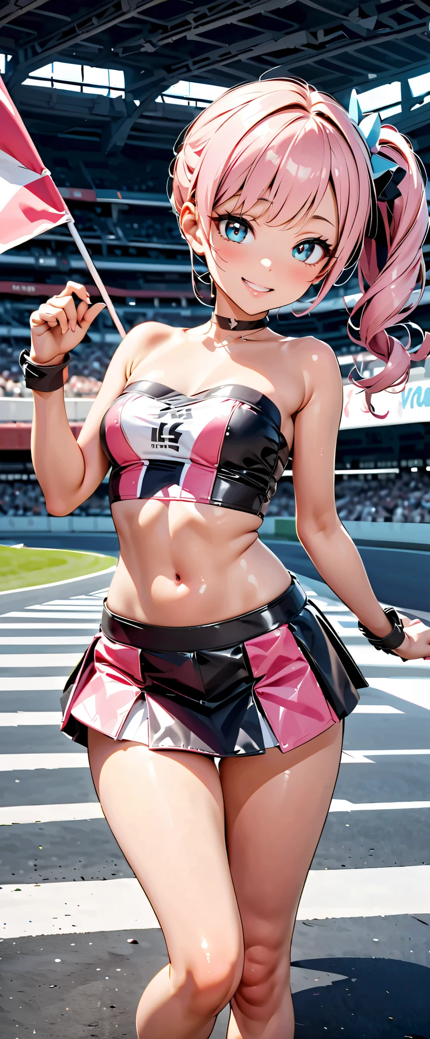 best quality , ultra high definition, One person, little chest, black choker, smile, exposes shoulders, focus only , Audience ,Fair skin,Car racing track, photon mapping, physical base rendering , RAW photos , very detailed background , K-pop Idol , depth of field, hair ornament, detailed face, glowing skin, game cg,whole body, shiny micro tight miniskirt,shiny micro tube top, race queen, Sexy Poses,holding a flag,Gloss Lip
