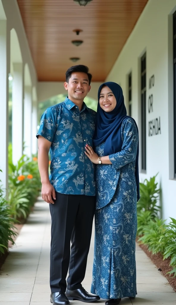 Make this photo look realistic and detailed, they are standing in front of a wooden wall wearing blue, an indonesian family portrait, portrait of two people, colored photo, couple portrait, wearing traditional garb, momma and papa, couple, wearing authentic attire, barong family member, old color photograph, traditional clothes, a colorized photo, photo portrait, potrait, traditional clothing, couples portrait