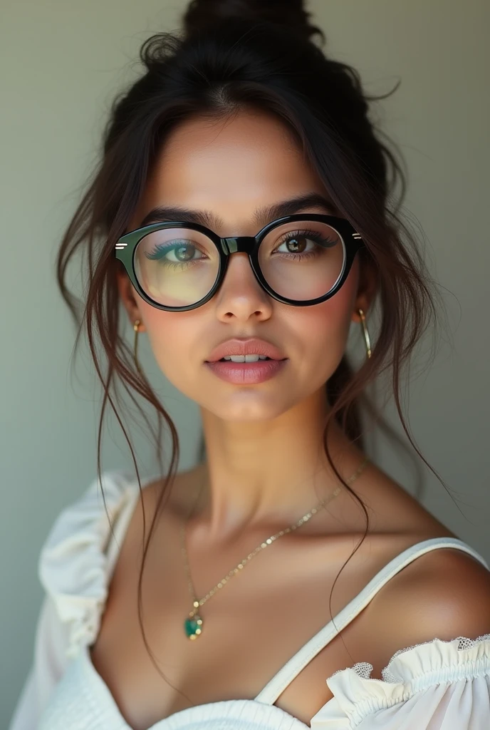 there is a woman wearing glasses and a white dress posing for a picture, a picture by Amelia Peláez, instagram, realism, some glints and specs, with glasses, profile image, thick glasses, girl with glasses, she wears harry potter glasses, girl wearing round glasses, 🤤 girl portrait, isabela moner, with square glasses boos relatan