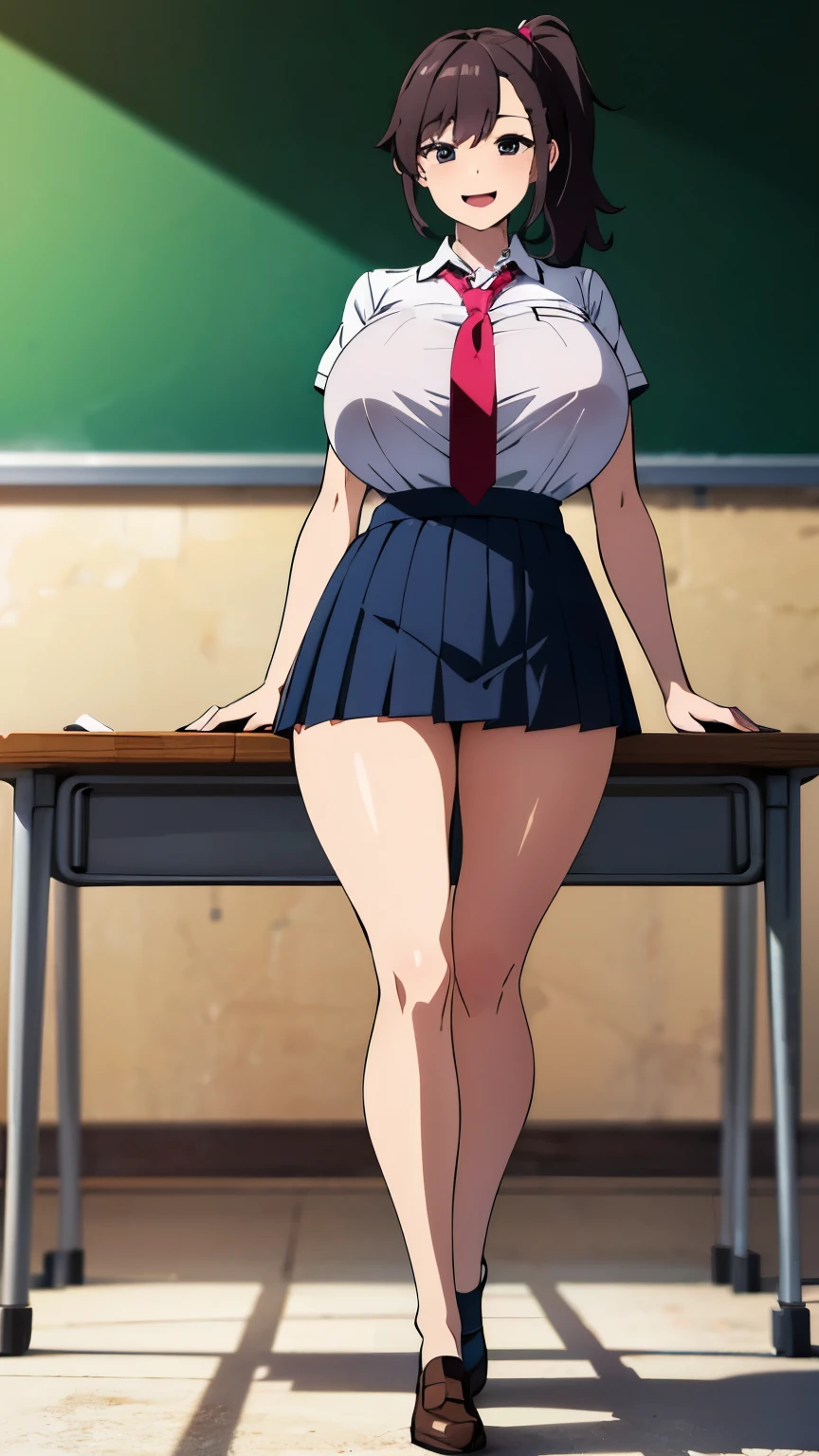 (masterpiece, top quality: 1.2), Alone,3D Render, 3D Model, of a beautiful skinny girl, short hair, wearing school uniform, with pleated skirt, crossed legs, knee_up,knee up,(classroom), (Beautiful and vibrant background), ((((Huge_chest)))), (A fitted white short-sleeved collared shirt:1.2), (Checkered Pleated Skirt), (tie), (Beautiful black eyes down to the last detail), (Sit at a desk), (Attractive thighs:1.5), (Full Body Shot:1.2), Big eyes, (Heart shaped eyes), (1 girl), (Beautiful Face), Perfect Face, (High nose), Laugh a little, Embarrassing, Highest quality, High resolution, (Beautiful mature girl), (original), (masterpiece), (Very nice and beautiful), (Perfect detail), (Unity CG 8K Wallpaper), crossed legs, knee_up, skindentation, oiled skin,glossy skin, (Portraiture:1.2), (ponytail) ,public_indecency, public, window light with deep shadows, big boobs, huge boobs , smart nose,front side above view,focus cleavage , Beautiful Lighting ,shy expression, shy face,smile around the mouth ,Smiles cheeky,Paparazzi,photoshoot pose,sexy pose, wide hips and small waist, flux, round ass, stylized body, giant ass,She has a round ass.open mouth,moaning.