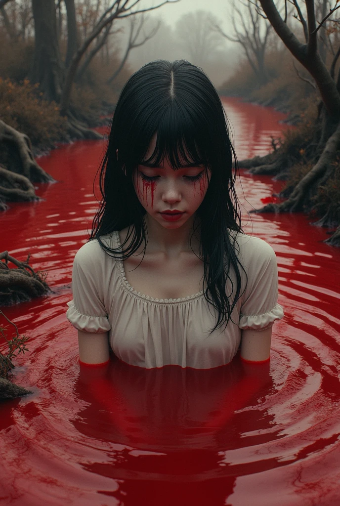 A rotten and sad woman sitting in a sea of blood and dead