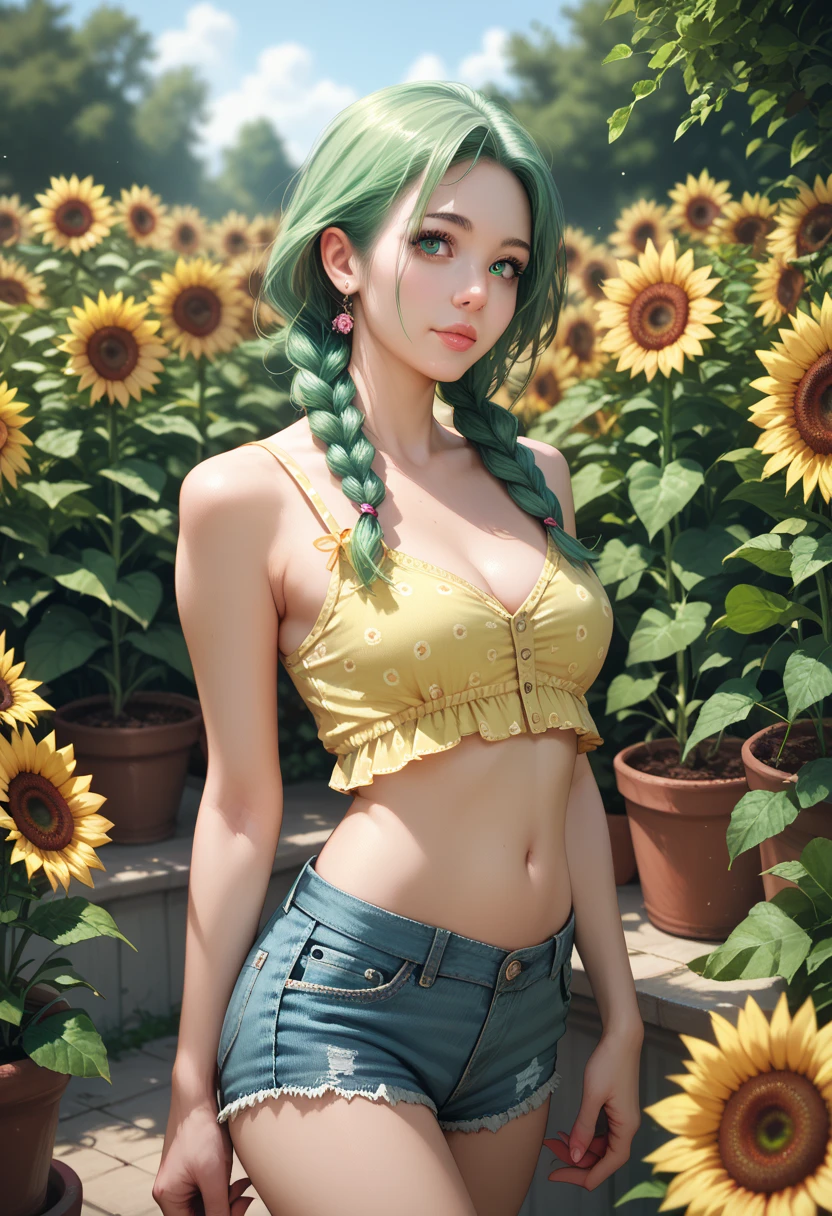 <lora:edgBlondeBimboDollLikeness:1> 1girl, arm tattoo, asymmetrical bangs, bangs, blue hair, braid, cloud tattoo, looking at viewer, laughing, crazy, uncontrollable laugh, mad look, night, city, green hair, long hair, midriff, pink eyes, red lips, solo, standing, tattoo, twin braids, upper body, (white pleated miniskirt:1.2), <lora:microskirt_v0.2:0.8>