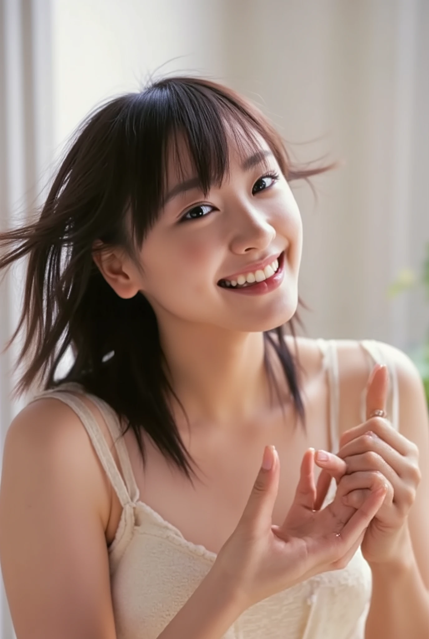  composition from above,  HD, 32K, Extremely accurate anatomy, Masterpiece,  realistic,  very detailed, photograph,  high resolution, (( heart shaped hands :2.78, Tilt your head slightly to the right :1.5, Look up,   cute hairstyle )),  Smoother Light  ,  Official Art,  Depth of Written Border,  bright light,  detailed face, ((smile:2.3)),  beautiful details of the eyes ,  Real Textured Skin ,  camisole