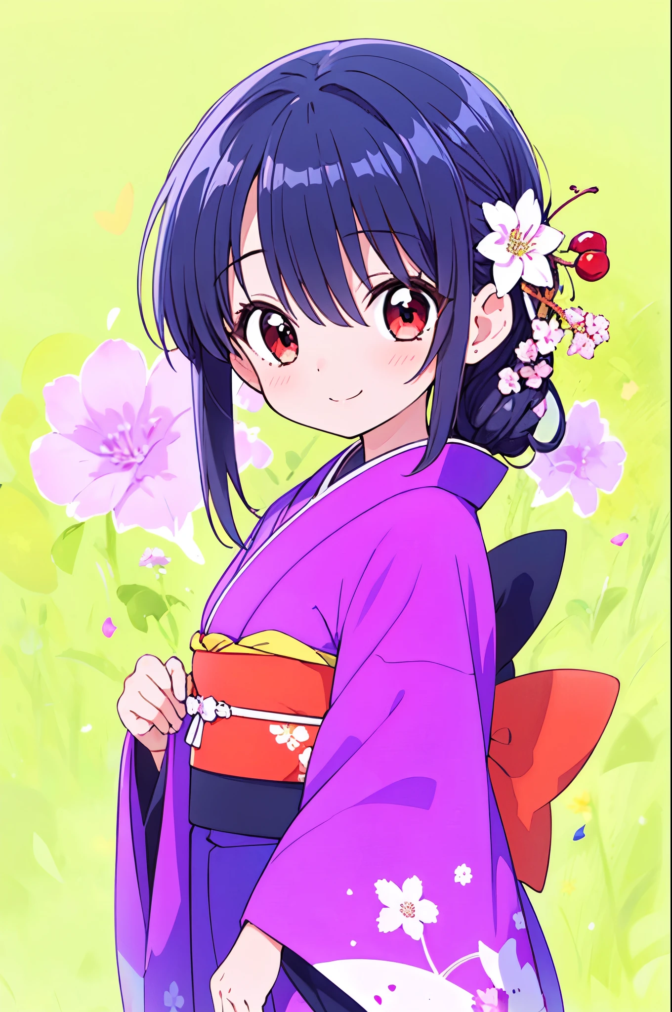 1 girl , Shiny Black Hair , long straight hair,
cheek bulge for intermediates,
red eyes,( Oblique eyes :1.1),( I have a big bruise under my left eye:0.8),
A perfect smile,
(Standing in a long kimono that is light pink with a cherry blossom pattern reaches the ankle:1.0),
medium breasts ,
(:1.1),
(Plain simple background:1.1),
top quality, High Definition , holding a whiteboard at chest height , masterpiece , brightly colored , Natural Look ,
Accurate, Anatomically Accurate,