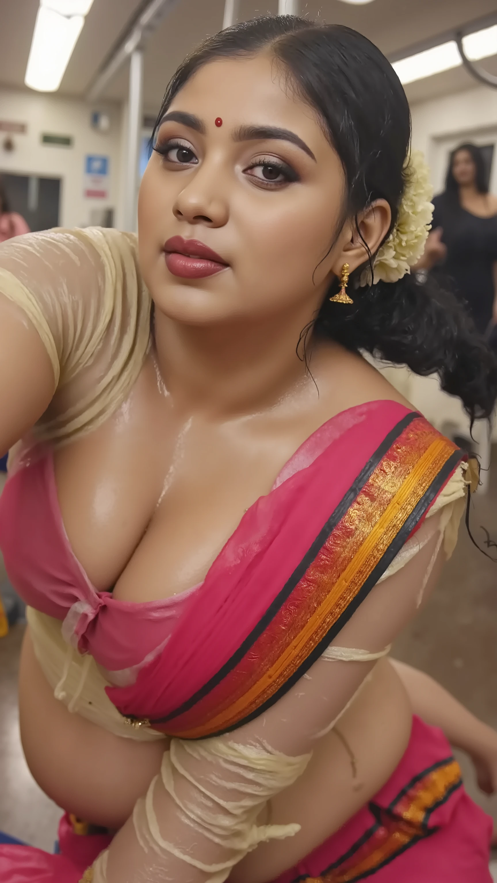 Pov camera view, Indian milf on her knees, looking at camera, with lust in her eyes, black hair tied around, flowers in head,sandal mark on forehead, sindhur on forehead (vermilion mark on forehead in the middle of hair partition,transparent cream Saree, dark red lipstick, black eyeliners, eyelashes,eyebrows,eyeshades,golden noserings,hanging ear rings,long golden chain on neck, ((huge breasts size: 2.0)), Half breasts out of the blouse, sexy cleavage, pink with golden emproydered colour blouse, thick arms, in a metro train, 8k , intricate details