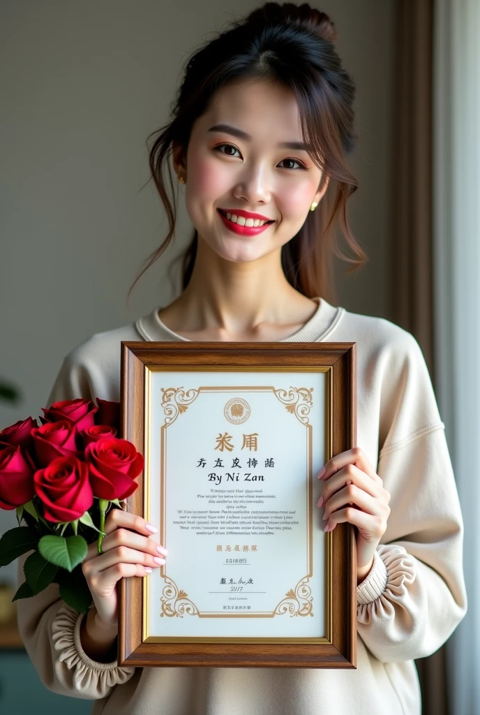 woman holding a framed picture with a bouquet of roses and a certificate, a picture by Ni Zan, instagram contest winner, realism, awarded photograher, professional picture, xintong chen, winning award photo, amazing professional picture, award-winnig photo, taken in 2 0 2 0, winning award piece, !!award-winning!!, chinese artist