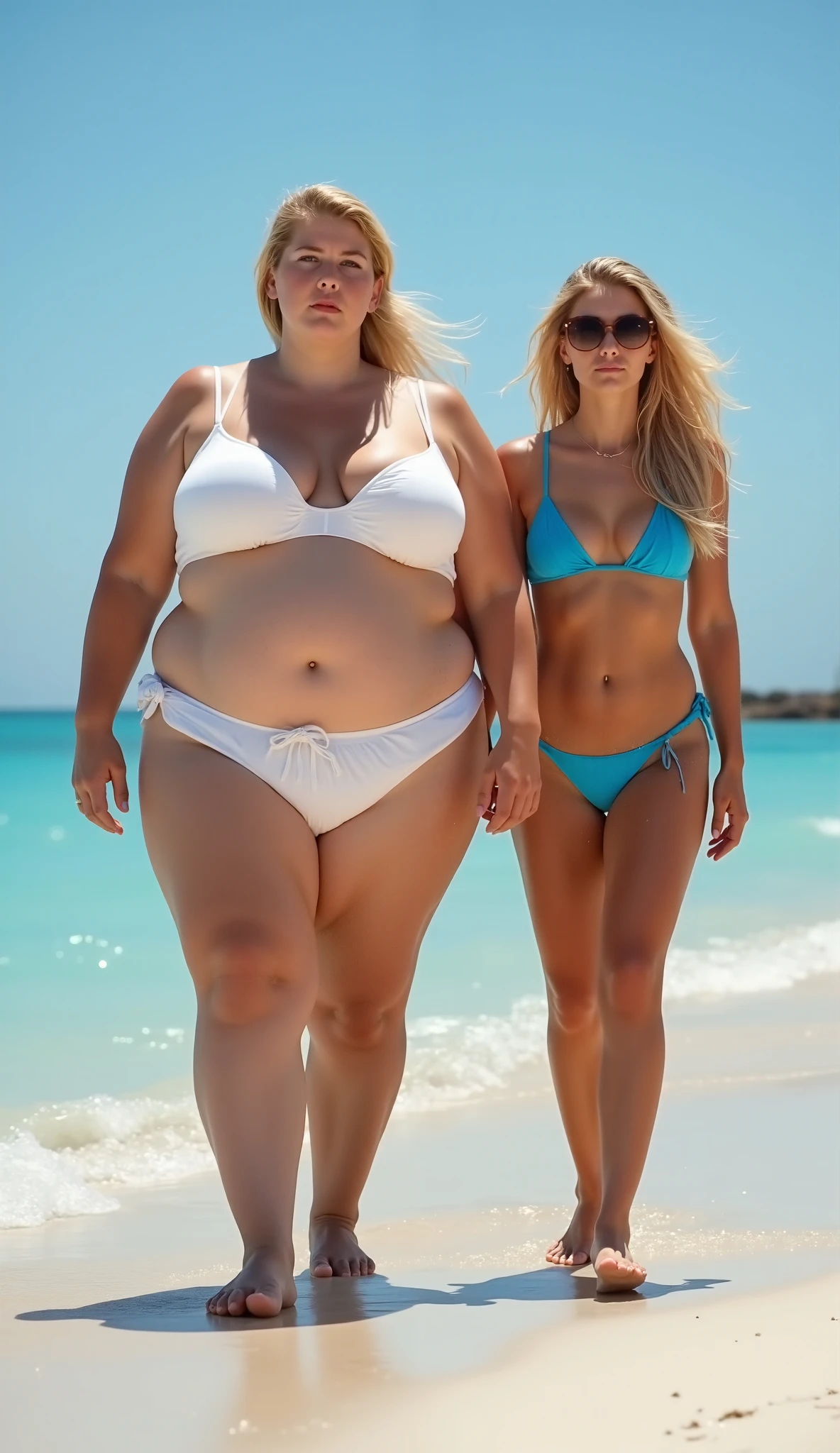 (((barefoot short-torsoed European junior high school girls dancing on mud beach))), natural front lighting, ultra sharp focus,bright blonde braided twin hair, (((light pale white skin color))),blue large eyes with long eyelashes and double eyelids, dynamic angle,red lip,smile, (huge breasts), (full body shot:2), (((wearing sexy micro swimwear))), waving long arms, (slender waist),(thin long legs)