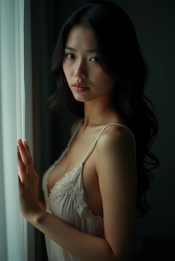 (masterpiece、High resolution、high quality)、Very beautiful Japanese women、A ghostly, fragile woman、Wearing a white kimono、All-white kimono、Beautiful long flowing black hair、Pale skin、Diseased skin、Great beauty、Big Breasts、Very thin body、Curved waist、Are standing、Gaze Here、A resentful look、Full body portrait、Old Japanese house、Dark Night、Late Night、Pitch-dark room、Weird talk、Dark atmosphere、Horror movie atmosphere、Only a woman emerges in a pitch black room、Photographed from the front、Very beautiful face