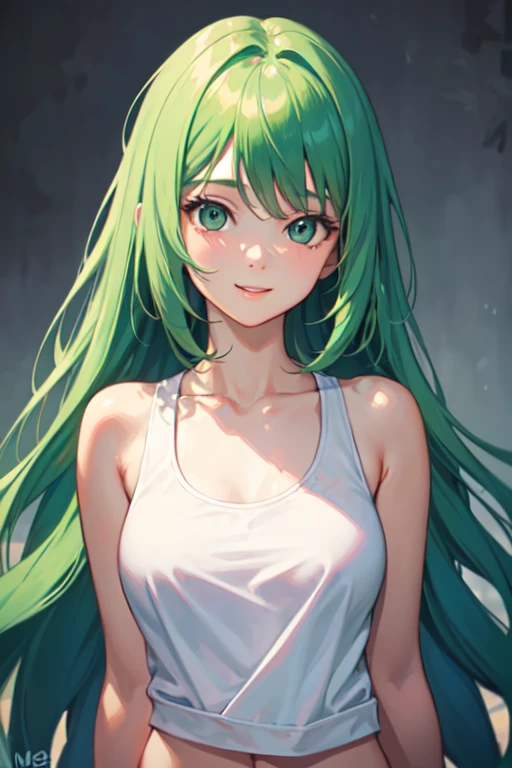 Highest quality,Unity 8k wallpaper,1peopleの,1people,,Glamorous Body,cute,Wink,Large gaps,Waking up,Emerald green eyes,Black Hair,long hair,Raise your upper body,Rub your right eye with your right hand,Stretch out your left hand,Upper body camisole,White scanty,On the bed,Inside the room,