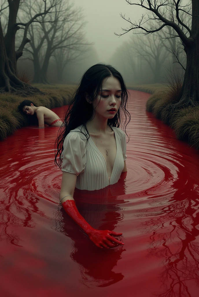 Blood river of blood, young girl is bathing her black hair in blood river, she is wearing white dress blood is everywhere