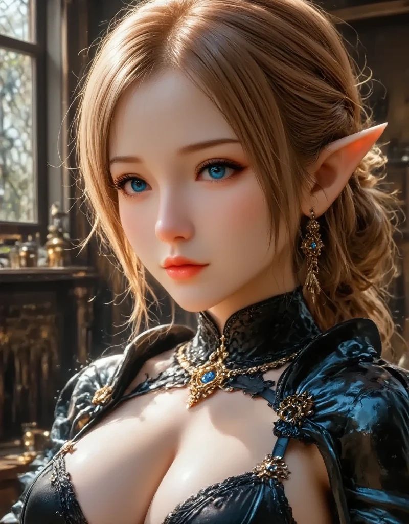 female elf, Large breasts,court,magia, solemn atmosphere, Description of the Ultrra precise pointer, Photorealistic, Super detail, Masterpiece, Best quality, A high resolution, 8K,mystic symbols,magnificent robe,Complex patterns