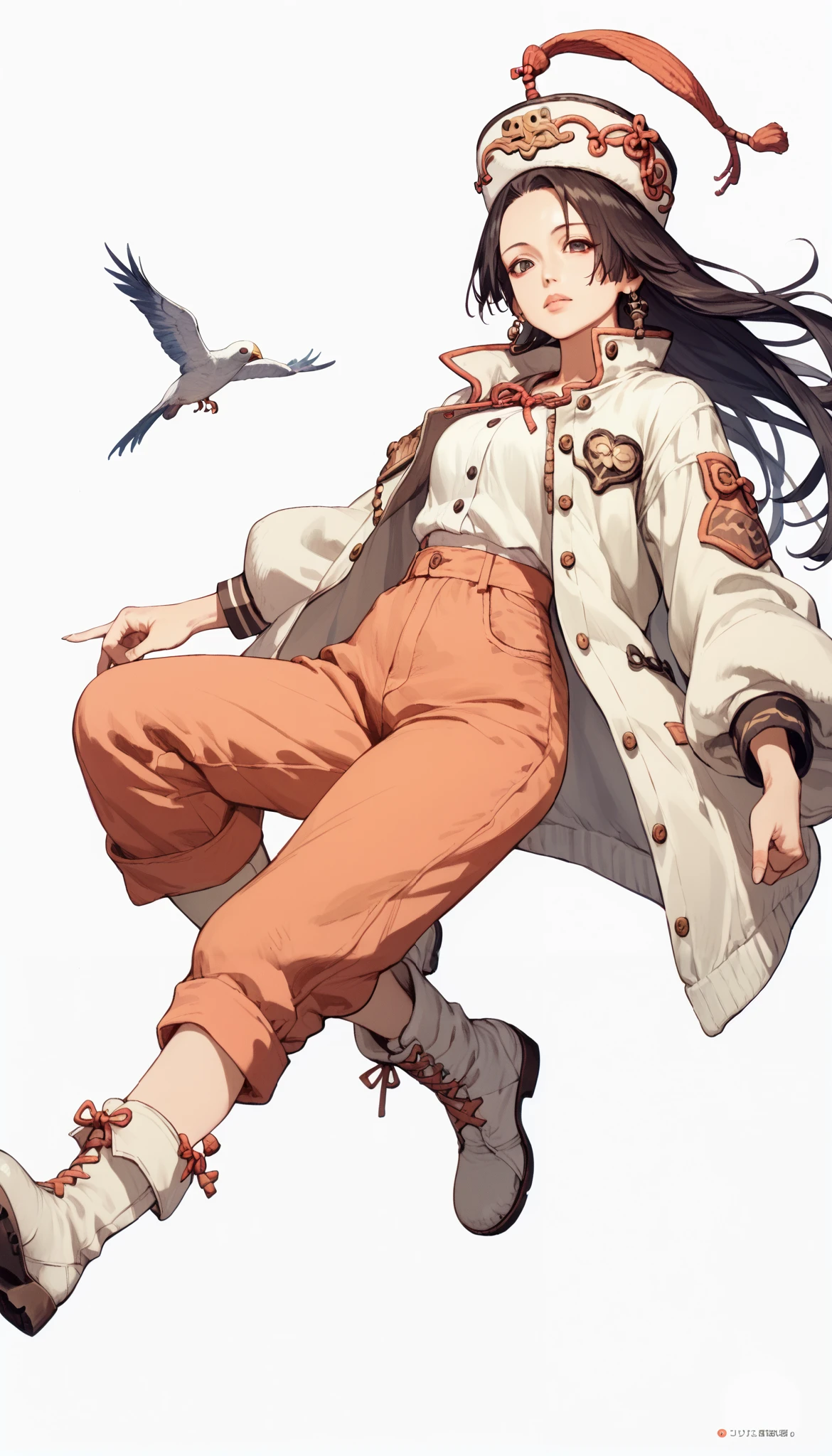 Fisheye wide angle lens shot 、 beautiful Japanese high school girl wearing a knitted hat、 white down jacket with a boa 、Chino pants、 white boots that shoot bows、 white background 、 bird's-eye view angle where it is floating、