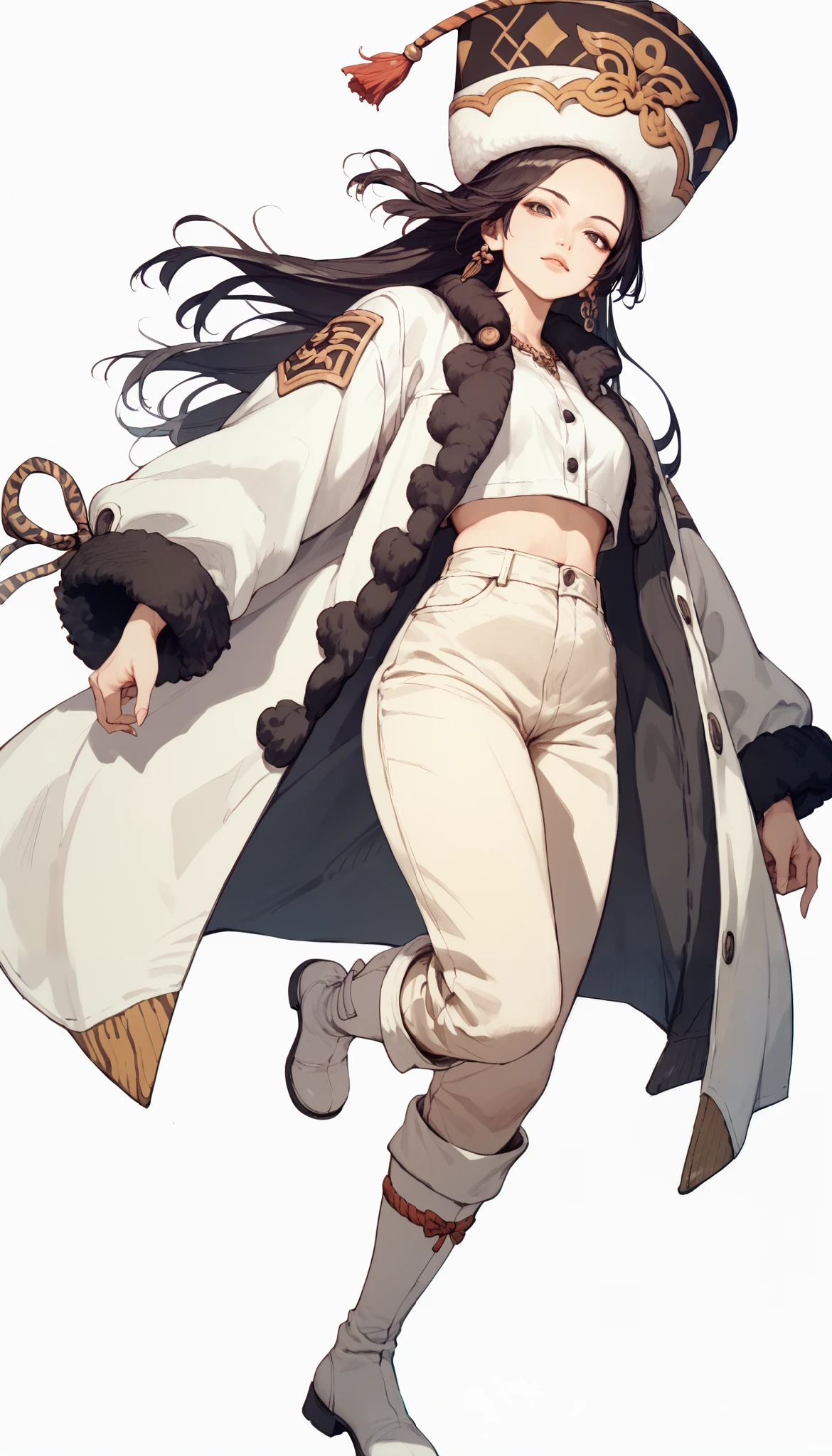 Fisheye wide angle lens shot 、 beautiful Japanese high school girl wearing a knitted hat、 white down jacket with a boa 、Chino pants、 white boots that shoot bows、 white background 、 bird's-eye view angle where it is floating、