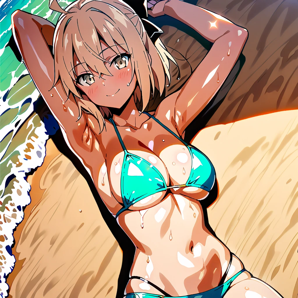anime girl, best quality, super HD, , on beach, tongue out