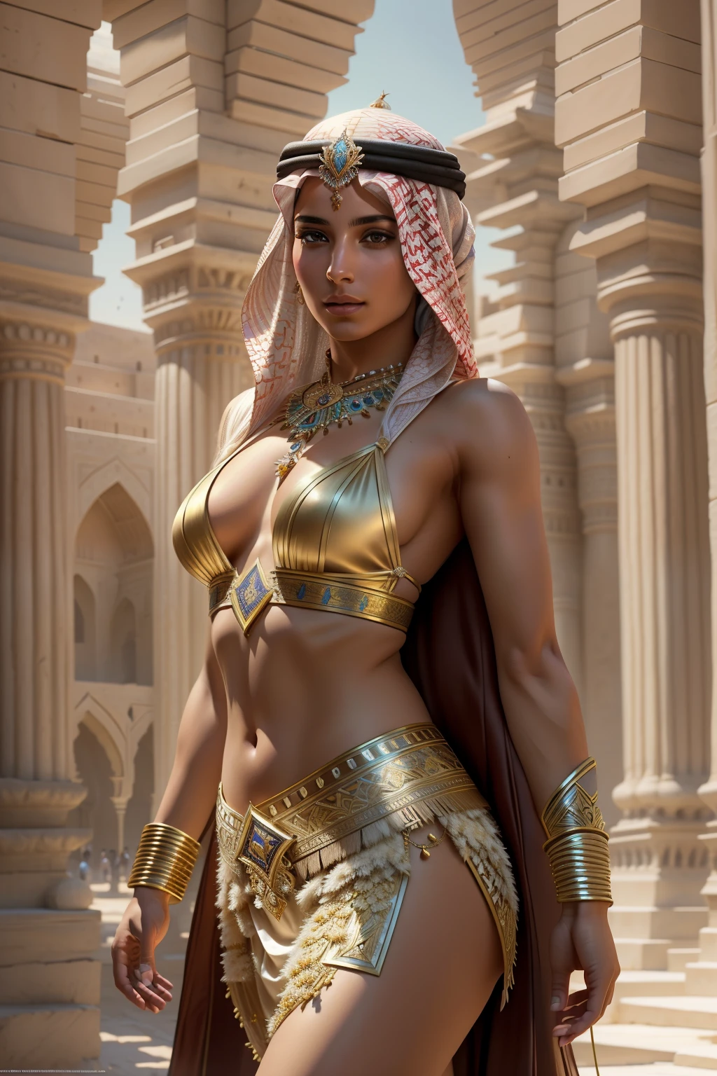 modeling shoot, ( extremely detailed CG wallpapers in 8K ), resolution full body shot of the most beautiful work of art in the world, (Arabian princess:1.4), fine silk clothing ,bare chest , Arabic silk turban , magic, Arabian Village,Background - Persian details , HDR, Realistic paintings by Ed Brink , Atey Gaylan, from Studio Ghibli, author:Jeremy Mann, Greg Manchess, Antonio Moro, skins trending on artstationh , Trends on CGSociety, intricate , high detail , sharp focus, Dramatic, photorealistic picture, created with Midjourney and Greg Rutkowski