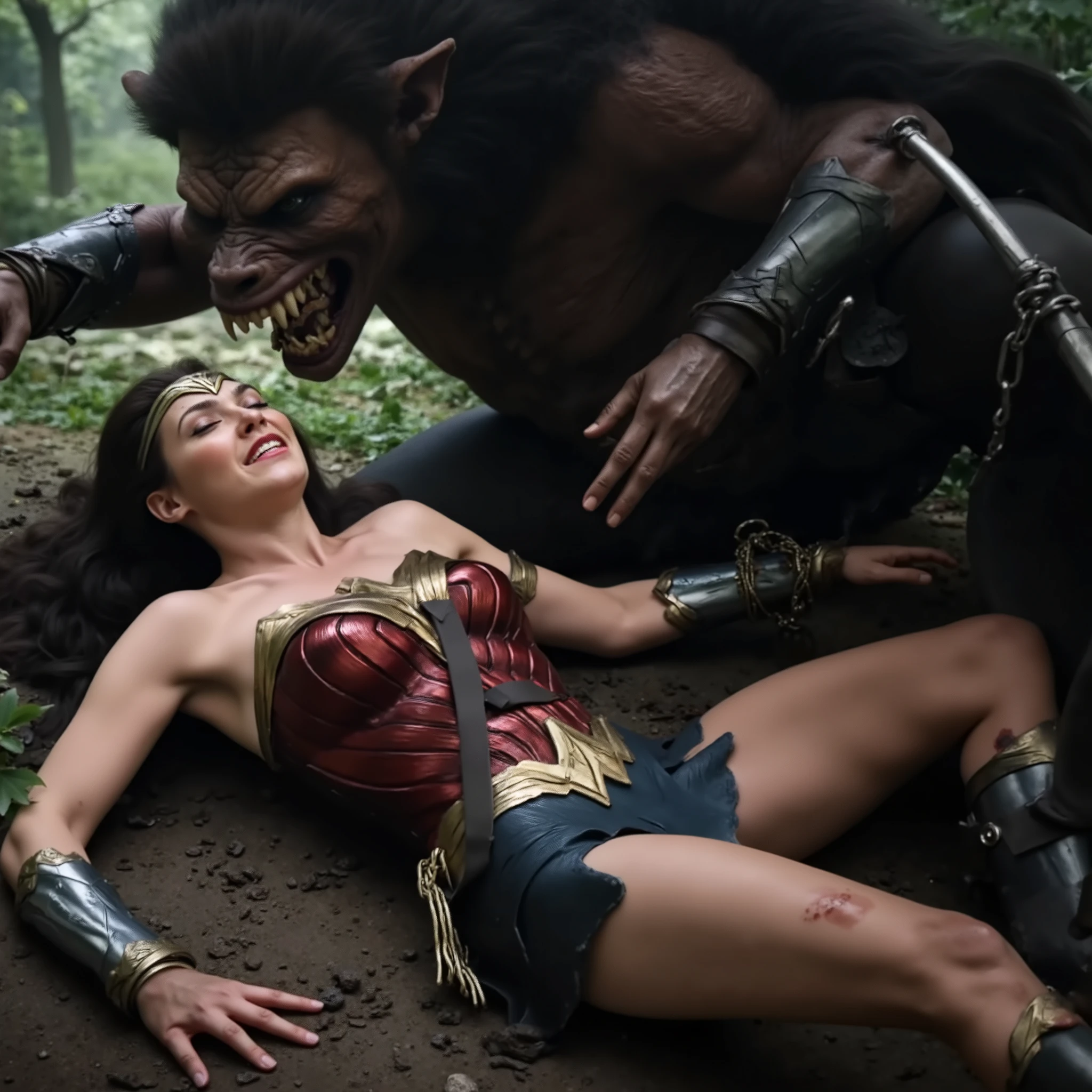 Gal Gadot is Wonder woman, she is lying down on the dirt, catching by the Steppenwolf, a very beautiful Korean face, very bright white skin, brown hair, painful face, unconscious, eyes close, dirty body, bound arms by chain behind her back, she is defeated, the Steppenwolf severely assault from front of wonder woman, face to face, a huge body fierce Steppenwolf is taller than Wonder woman, photorealistic, hyperrealism, whole body visible, in the jungle,