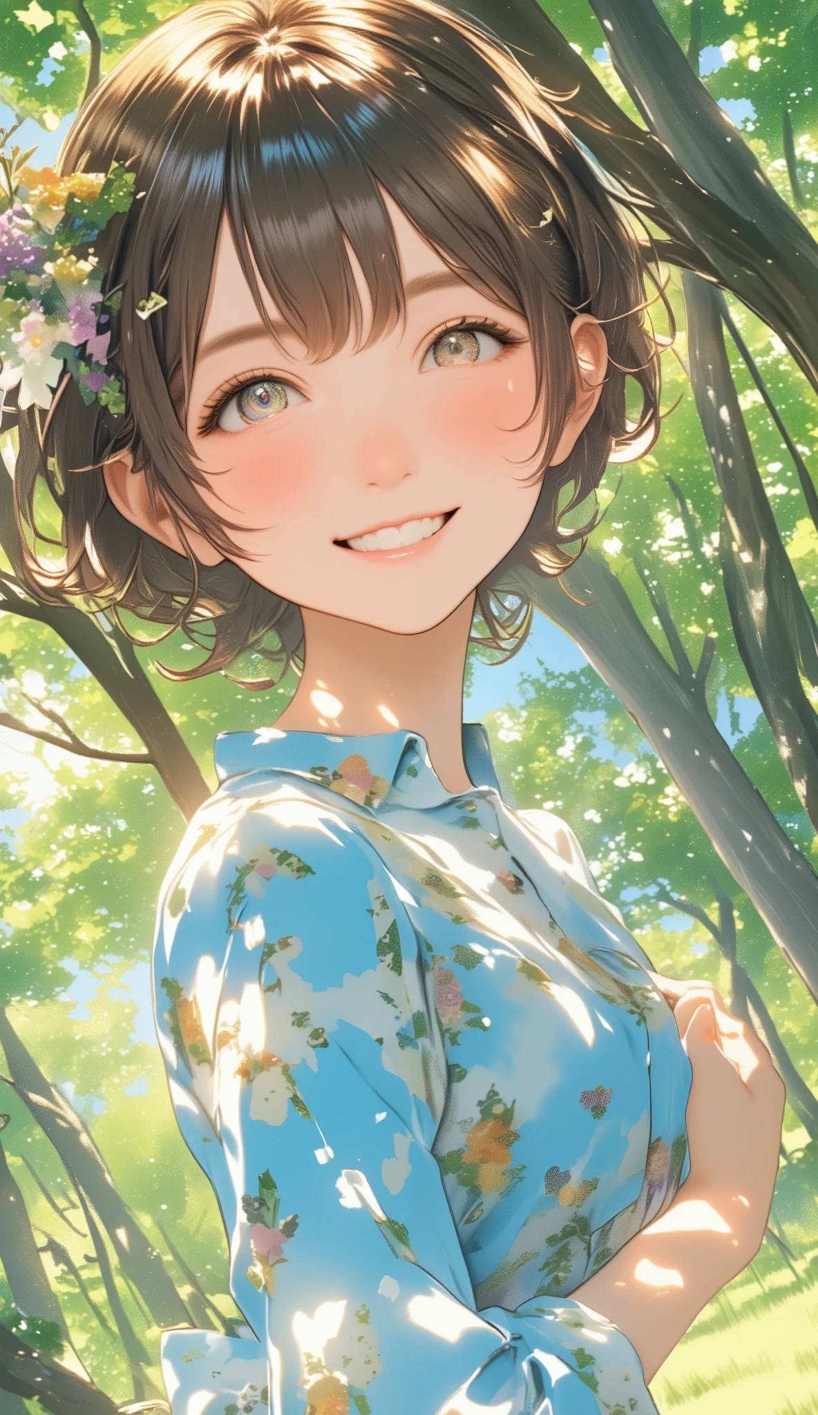 美しいひと時のsmile、 one girl、 Cute Girl 、 face close-up 、forest_background、Beautiful Shadows、Sunlight filtering through the trees、dappled sunlight、Sunlight filtering through the trees、Precisely calculated shadows、Perfect Shading、(((Smiles and Sunshine)))、(((smile)))、 poster style 、flat-colors、Carefully calculated 、 arranged motifs 、HIGH QUALITY DESIGN 、creative composition 、究極のsmile、Great Staging