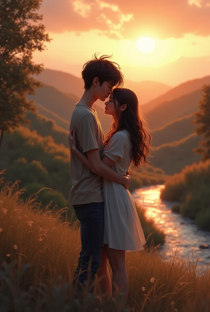 One girl and boy together kissing a field 