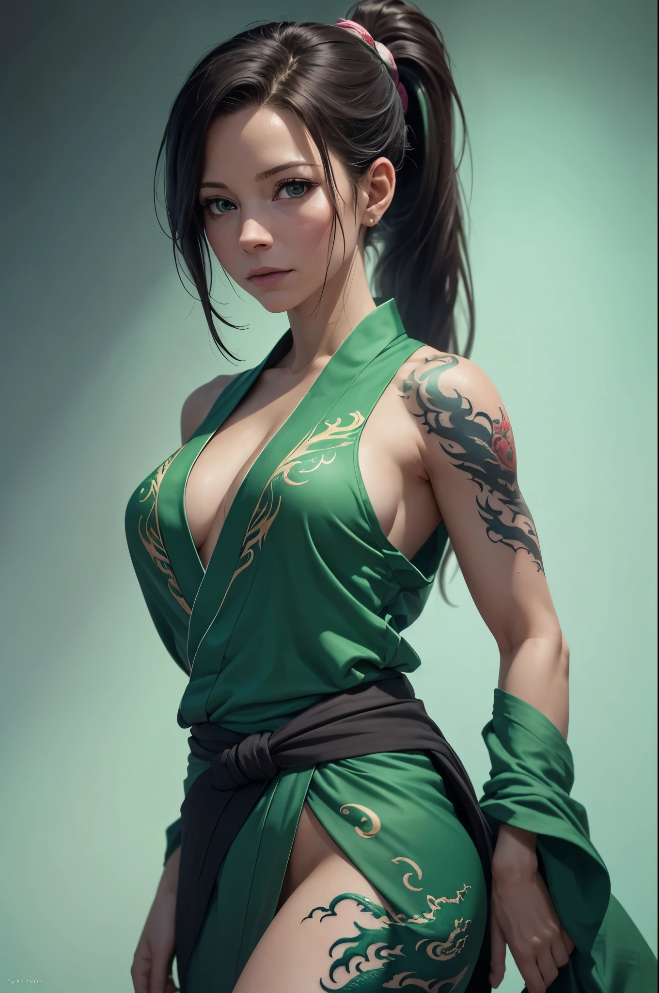 (masterpiece, highest quality, highest quality, official art, beautiful and aesthetic:1.2), (1 girl:1.3), (fractal art:1.3), alone, Jade from Mortal Kombat, Mortal Kombat Video Game, black headband, long hair, huge breasts, beautiful face, face mask, asian women, green black ninja uniform for women, black gloves, black brown hair,green long socks, green long shoes, In her hand is a long fighting stick, big breasts,sexy ninja green uniform , earrings, abdomen, belly button,Tight, looking at the viewer, Upper body, combat readiness, What happened to the Mortal Kombat logo background behind Jade?