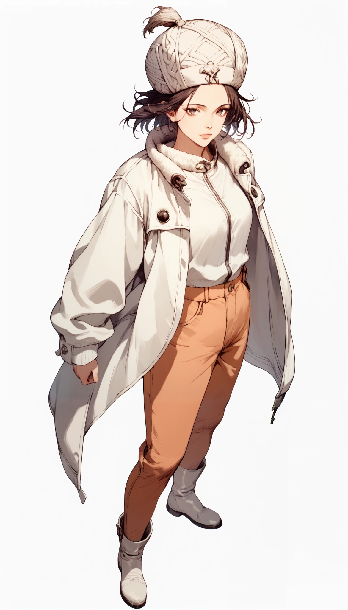 from above 、Fisheye wide angle lens shot 、 beautiful Japanese high school girl wearing a knitted hat、 white down jacket with a boa 、Chino pants、 white boots that shoot bows、 white background 、Overlooking