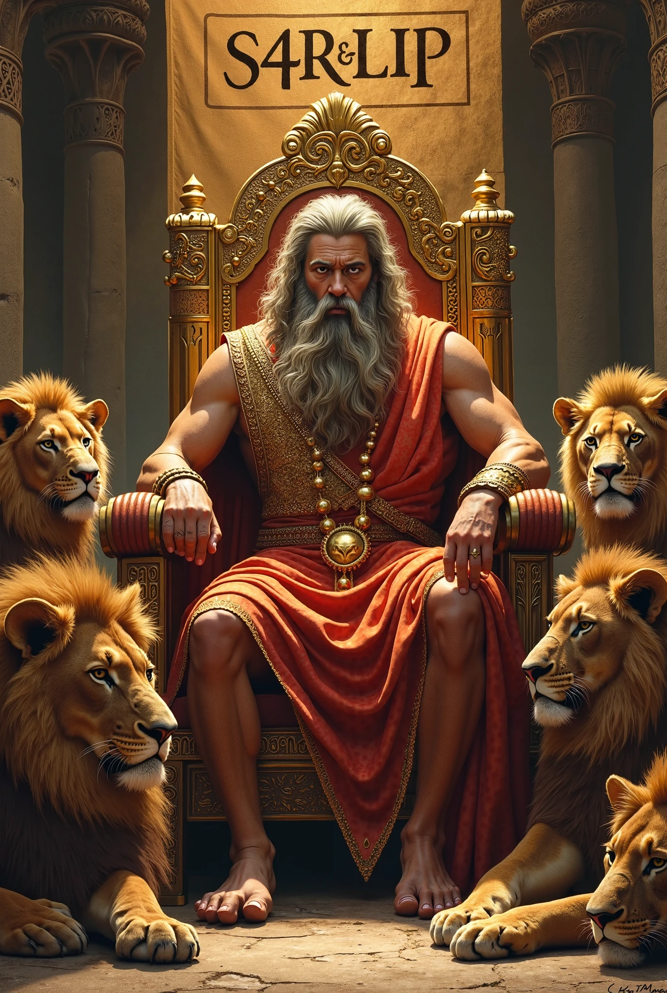 Narasimha Avatar: A fierce scene showing Lord Vishnu as Narasimha, half-man and half-lion, with a golden mane and intense eyes. He is seated on a throne, tearing apart the demon king Hiranyakashipu with his claws, while young Prahlada, a devotee, looks on with a calm expression, hands folded in reverence. The background is a grand palace with dark shadows, symbolizing the presence of evil.
