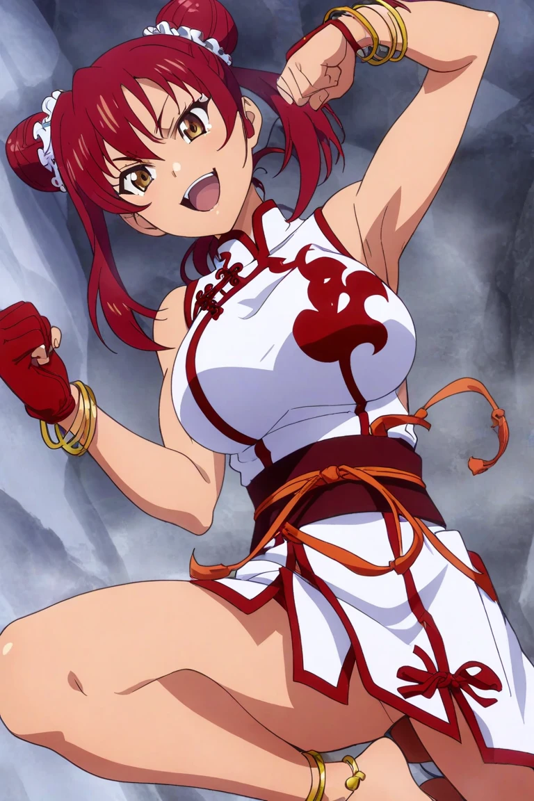 masterpiece, best quality, beautiful art, high resolution, well formed hands, body and fingers, 1 woman, solo, Stella Vermillion, grown up , adult, hair ribbon,big breasted, cleavage, full body, long hair, hair ornament gorgeous legs and thighs, cosplaying as Mai Shiranui , she is fighting in a combat match at a martial arts tournament, she is getting ready to fight, making her guard pose, action and fighting scene, about to hit the viewer, looking at the viewer, sweating , feeling confident and proud, smiling joyfully and happily, charming her opponent with her beauty, bouncing breasts, fighting scene, martial arts tournament on the beach