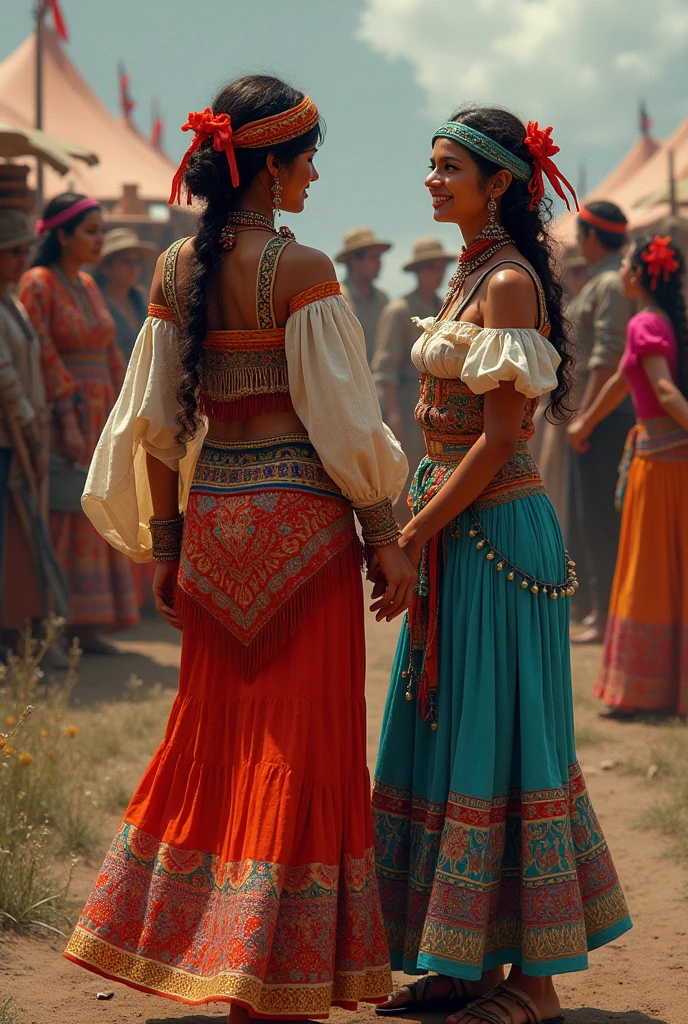 "A highly detailed, ultra-realistic digital painting of two stunning Afghan women with long, flowing hair, deep eyes, and radiant sun-kissed skin. They are wearing traditional yet sexy Pashto-style dresses adorned with intricate embroidery, mirrors, and vibrant colors that shimmer in the light. The scene is set on a public road with a festive and energetic vibe. The women are performing a hot, captivating Pashto dance, their movements full of grace and allure. Onlookers watch in admiration. The background includes hints of village architecture and distant mountains, while the warm sunlight and a light breeze add motion and drama to the scene, making the moment feel alive and intense."