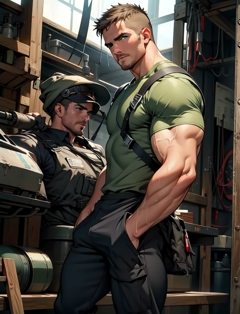(Create a masterpiece: 1.2),(CGI art:1.3),(realistic:1.5),(After processing:1.3),(Sharp focus:1.3), man holding a gun , (gun:1.5) , straight, front ,Chris Redfield ,(black hair), smile open mouth, (Wear color olive green round neck T-shirt: 1.5), (with a Police badge: 1.2), olive green cargo, Korean guy , korean men, (High gloss details), chest muscles, large arm muscles, blood vessel, Big muscles, Broad shoulders, looking at the audience, Balancing the eyes, middle of the road , (Carrying a black backpack: 1.3) ,walk to camera