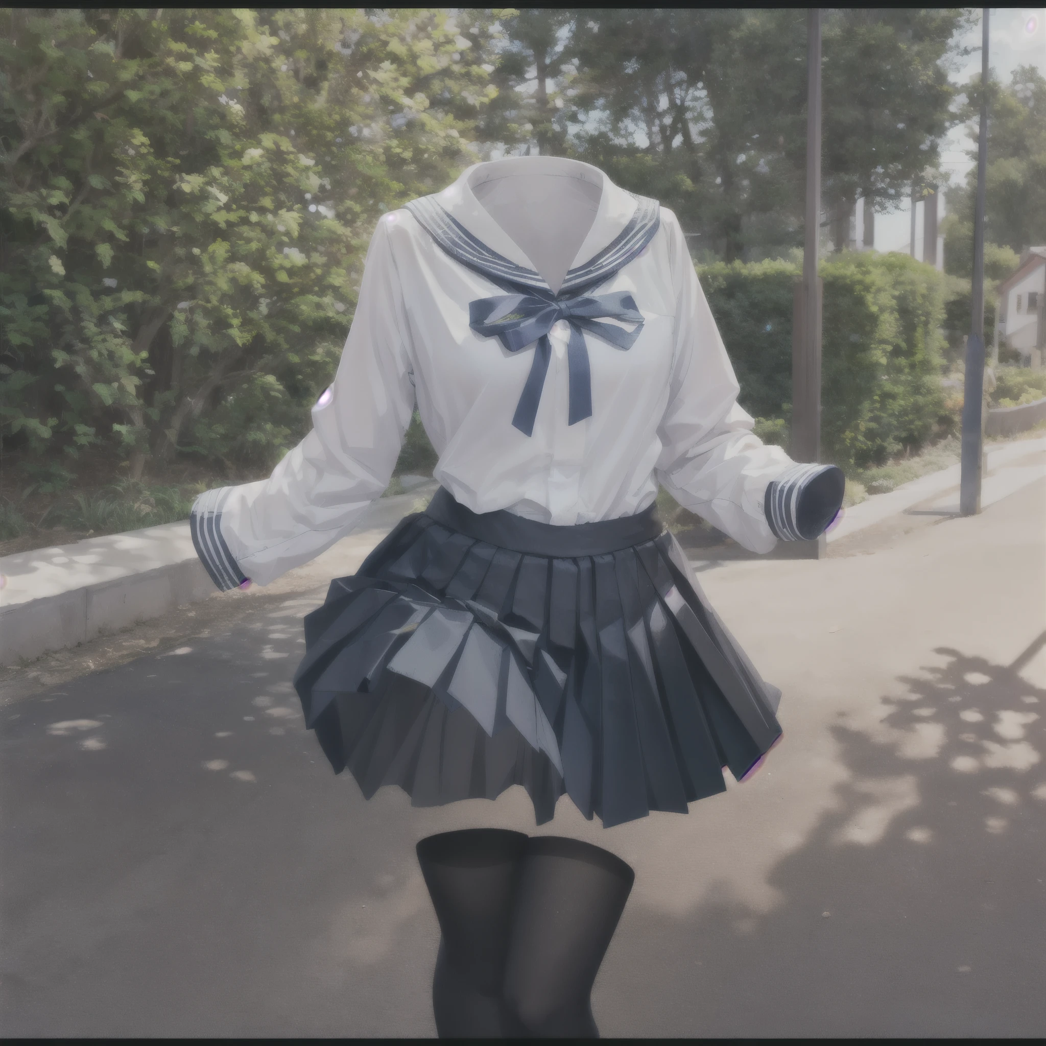 (8k, RAW photo, best quality, masterpiece:1.2), (realistic, photo-realistic:1.37), photon mapping, radiosity, ((Hasselblad photography)), physically-based rendering, detailed cloth texture, extremely detailed background, (invisible, no humans, headless, faceless:1.2), black pantyhose, school uniform, sailor suit, traditional Japanese style with navy blue and white colors, detailed ribbon and pleated skirt, in garden, 1girl, a sailor suit made of textured fabric with fine stitching, soft lighting to enhance the texture of the fabric