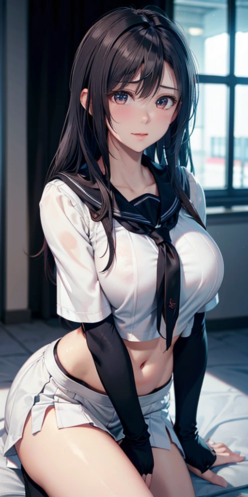 (Best quality,nsfw, detailed background,depth of field, volumetric lighting, sharp focus, Absurd, ultra-detailed), 1 sexy girl ((beautiful,two-tone hair,twin braids, black hair, multicolored hair, (blue eyes), gradient hair  , big breasts ,21 years old, long hair, lush, soft, curvaceous body)), using uniform jk (( uniform school jk, open clothes))