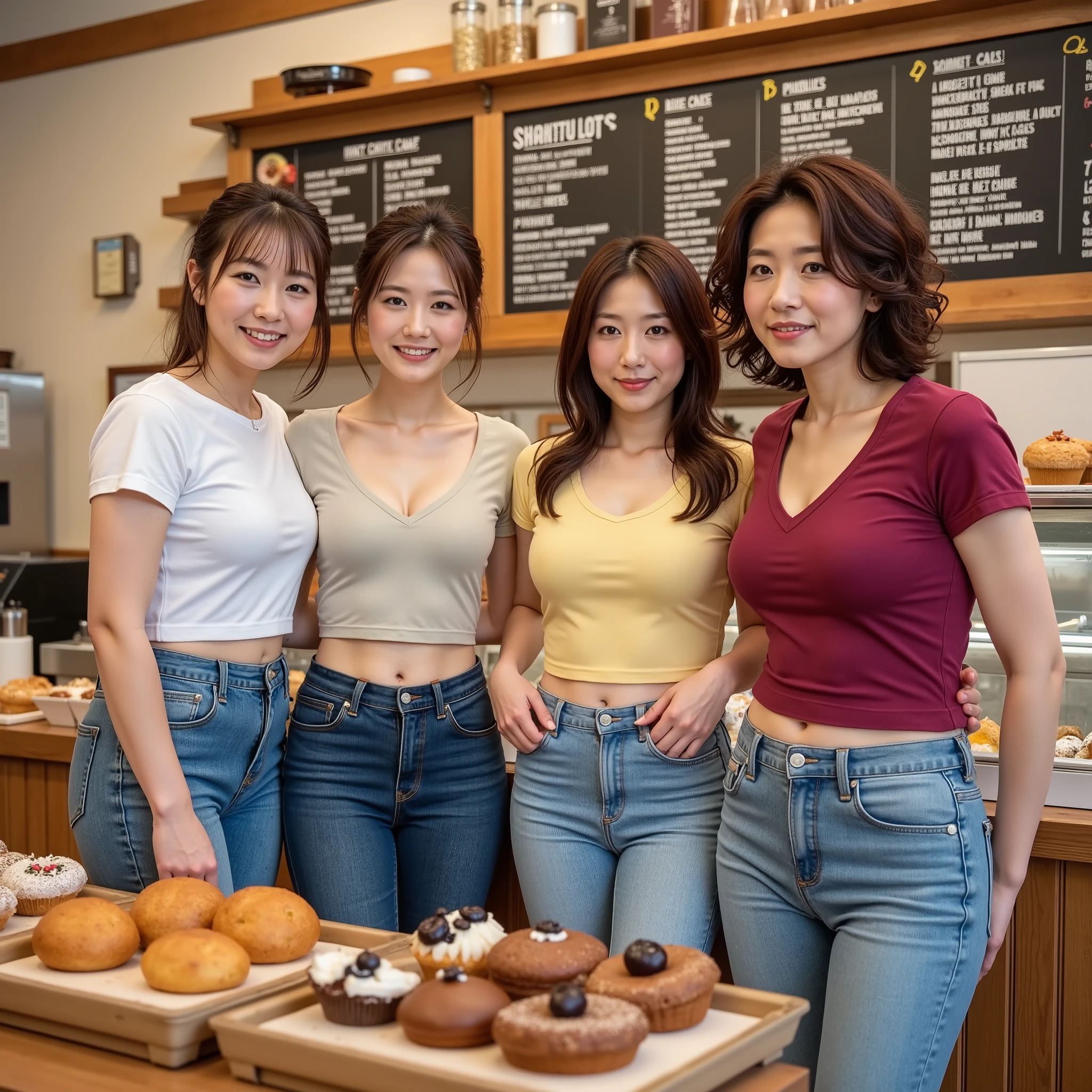 task: Generate an image with Aunt Cass and four women in the bakery, すべて同じショットin. Context: the stage is a bakery , with Aunt Cass behind the counter serving four women, they all appear in the same scene . example: Aunt Cass is behind the counter, smiles while serving 4 women . the counter is full of baked goods . 4人の女性がカウンターの前に並んin立っている , interacting with each other and waiting to be served by Aunt Cass. make sure all the letters are on the same plane 、一緒にはっきりと見えるはずinす . person: Aunt Cass: short, Wavy brown hair. there is plenty of space between the other women . and . standing behind the counter, in、 friendly expression . Woman 1: length, Blonde. shameless nudist . Standing just to the left of Woman 2, facing Aunt Cass. Woman 2: short messy shaggy disheveled brown hair, small chestnut , Bare Belly. all characters are on the same shot {x} wearing cropped blue blouses and . standing on the right side of woman 1 , facing Aunt Cass. Women 3 : curly, Red Hair. facing aunt Cass . Standing next to Woman 4, while looking at baked goods . Woman 4: Wavy brown hair. counter and baked goods are in the foreground . Standing just to the side of Women 3 , facing Aunt Cass. Field of view and composition : "Wide shot capturing Aunt Cass behind the counter and the four women standing in front of her, everything is clearly visible 、 in the same scene . wearing tight T-shirts and jeans , 女性たちがその前に一列に並んin立っている, 4 women stand side by side in front of the counter ."