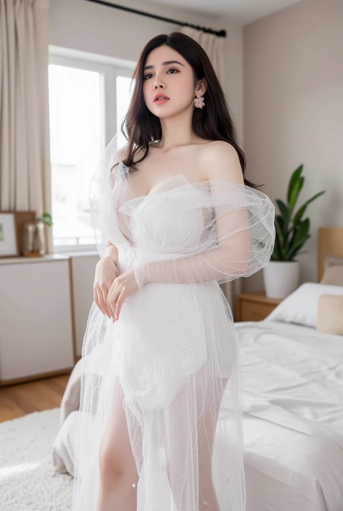 G milk under the window,Plump young woman in see-through dress