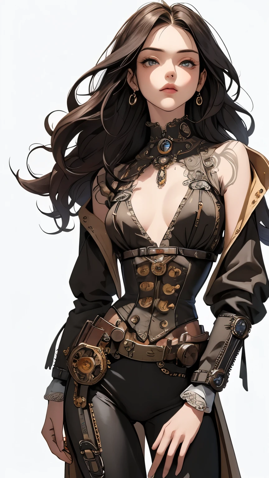 (masterpiece:1.2), (best quality),(perfect anatomy),detailed face, (steampunk:1.2), (victorian), highly detailed,best shadow, alone,woman is around 20 years old, small chest,processed hair,long hair,curly hair,beautiful eyes,beautiful eyes, ,(small chest),priestess,magician,alone,standing in the center,crystal piercing, resting_outdoors,intimidating pose,cowboy_shot,(white_background),official_art,concept_art,wallpaper,