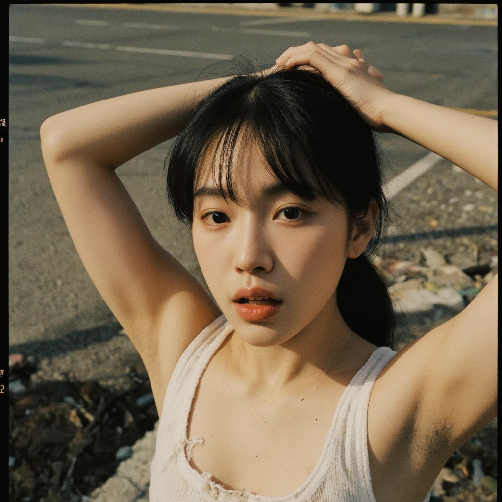 ((long shot photography)) ((best quality)), ((masterpiece)), (ultra detailed face), perfect beautiful face,perfect nose,perfect eyes, perfect lips kodak gold 200 fisheye-8mmlens-v2exp ,25 yo cute korean, ((busty perfect body)) perfect face, 35mm film,((black bob hairstyles)) (((white blank oversize t-shirt))), menshort , white Reebok sneakers, 4k, 8k, ultra highres, raw photo in hdr, sharp focus, intricate texture,realistic, detailed facial features, highly detailed face, posingpolaroid film, found footage, retro,90's,80's, photo noise, old photo, retro, masterpiece, raw photo, 8k film photo, old, noisy photo, loooking of the camera, casual photo, grain photo, VHS footage, VHS look, chromatic aberration( low chromatic aberration), film footage, grainy photo, dirty photo, posing, retro photo, vintage photo, old, background standing pose on (90's gas station) ,palm trees, blue sky, summer, los angles vibes 
