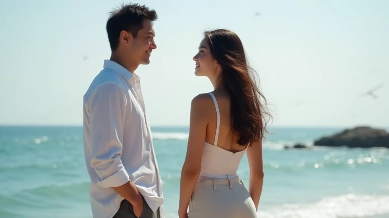 Illustration of a couple in love, Man and woman, by the sea, On the Sunset