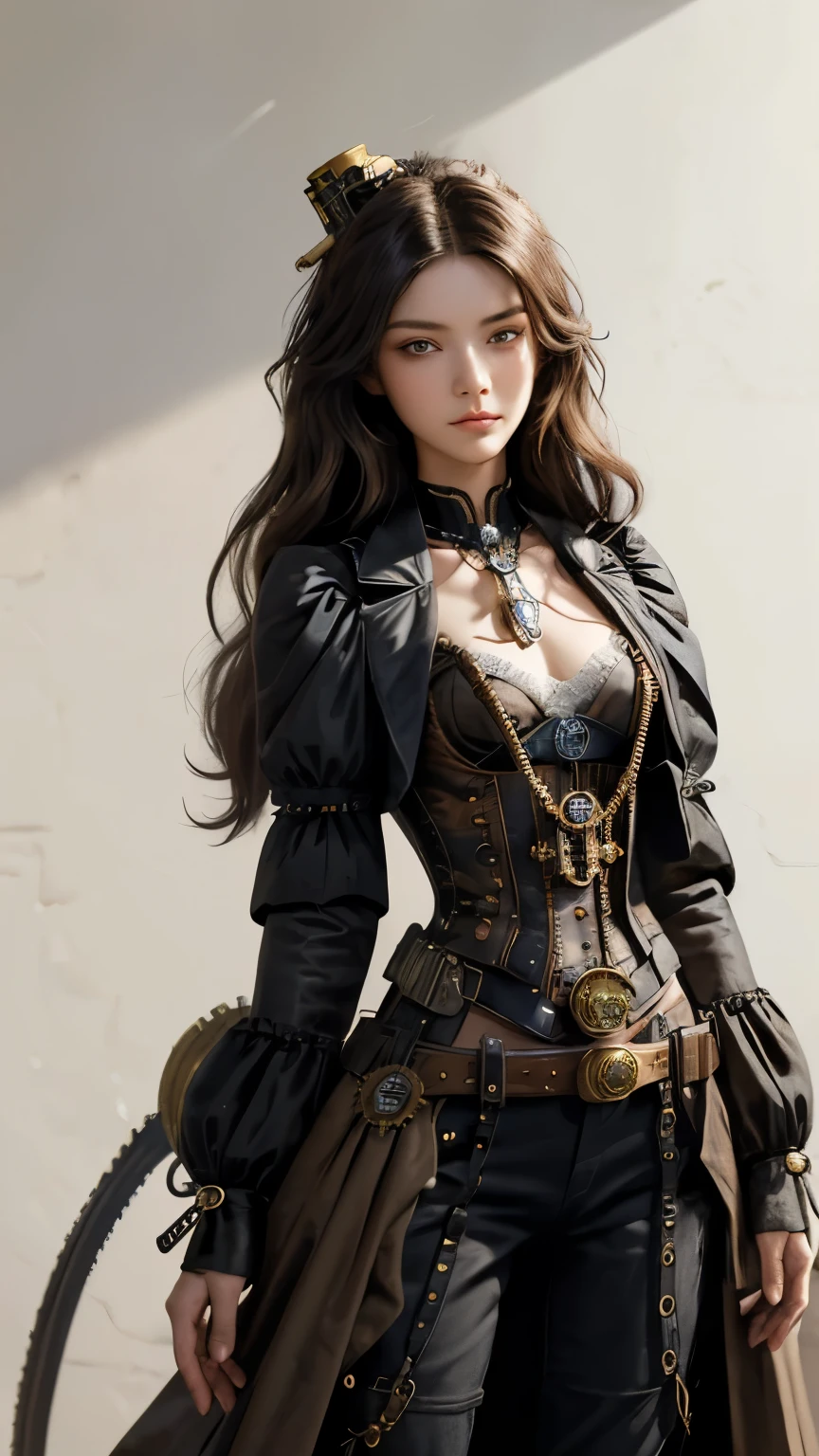 (masterpiece:1.2), (best quality),(perfect anatomy),detailed face, (steampunk:1.2), (victorian), highly detailed,best shadow, alone,woman is around 20 years old, small chest,processed hair,long hair,curly hair,beautiful eyes,beautiful eyes, ,(small chest),priestess,magician,alone,standing in the center,crystal piercing, resting_outdoors,intimidating pose,cowboy_shot,(white_background),official_art,concept_art,wallpaper,