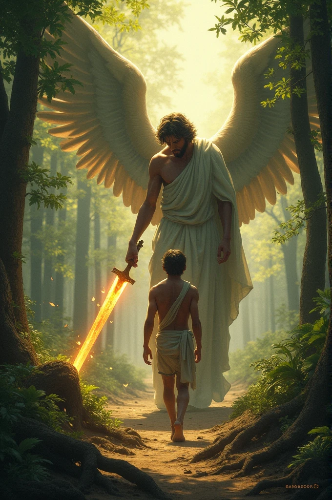 Depict Adam and Eve being led out of the Garden of Eden by a majestic angel wielding a flaming sword. The angel, with large, radiant wings and a stern expression, guides them towards the exit. Adam and Eve, looking sorrowful and wearing simple garments made of leaves
