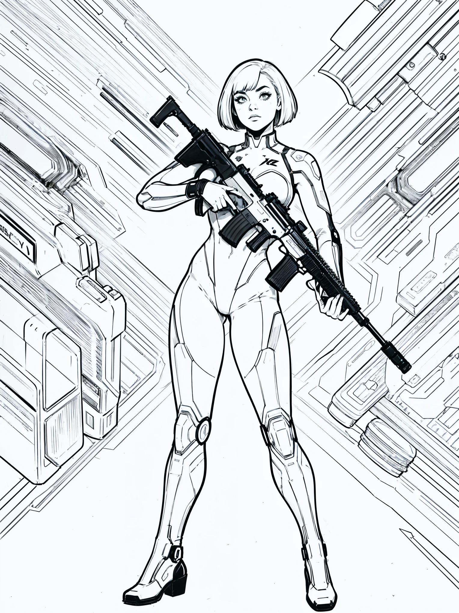 A cyberpunk American comic-style line art illustration of a super-cute young girl with short bob hair holding a large rifle in a bold pose. She is wearing a futuristic mechanic bodysuit and standing confidently. The drawing is uncolored and emphasizes strong, detailed line work. The background is plain, focusing entirely on the character without any additional elements.