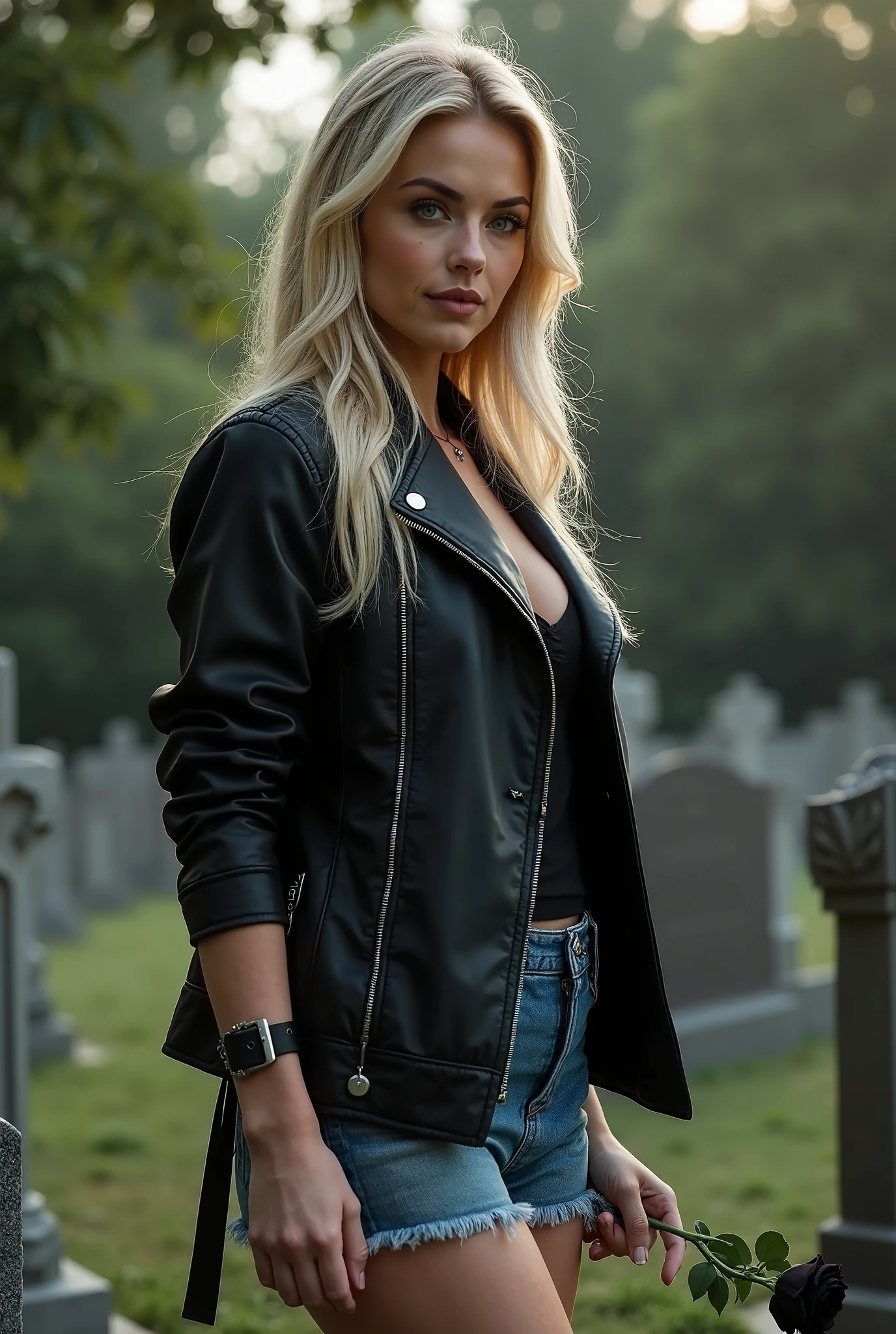 photo of (SarahLance:0.99) Wearing a red leather jacket with a black tank top and a silver cross necklace., high detail, high quality , highly detailed skin, realistic face, (grey eyes:1.1), leica 50mm