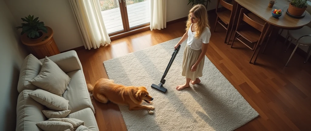 A blond American girl and a golden retriever, back on the sofa, sitting on the living room carpet to play together, a blond American mother standing, holding a rope horizontal vacuum cleaner in her hand, cleaning the floor hygiene, clean and tidy, dark floor, American living room, dining room, wide Angle, shooting Angle, overlooking, distance, HD, real shooting, 4K