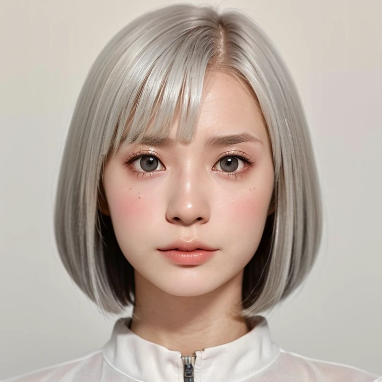 1 girl,Bust up shot:1.6、Wearing makeup:1.5、Pink Eyeshadow:1.6、No tear bags、Tabletop:1.8、 Focus the light on your face:1.4、Close-up of face:1.4、(Wear a strapless camisole:1.2), Very beautiful Japanese idol portraits,
(RAW Photos, highest quality), (Realistic, Realistic:1.4), (masterpiece),
Very delicate and beautiful, Very detailed, 2k wallpaper, wonderful, finely, Very detailed CG Unity 8K 壁紙, Very detailed, High resolution, Soft Light,
Beautiful detailed girl, Very detailed目と顔, Beautiful and sophisticated nose, Big beautiful eyes, Cinema Lighting,
(Simple light color background:1.3),
(Short bob cut with silver hair:1.9), (Parted bangs),
Complete Anatomy, Slender body,Small breasts, Sensual look