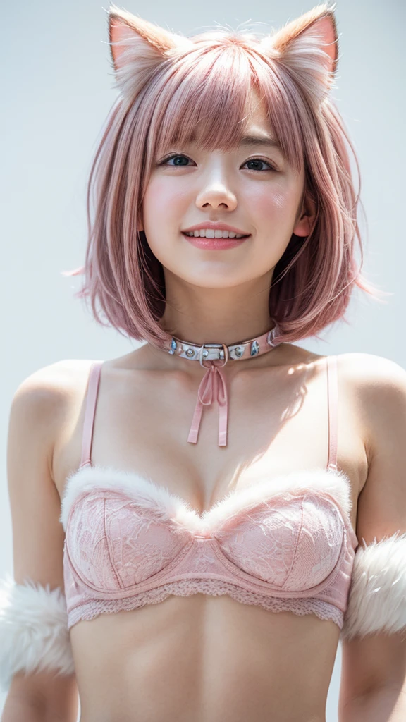 (Height: 153cm、Bust 73cm、Waist 56cm、Hip 83)、(One girl、23 years old、Dark pink hair、short hair)、(Cat Girl、Natural cat ears)、high resolution、Highest quality、HD、Fujifilm、Prime Lenses、35mm、(Cute face、Detailed eyes、Beautiful eyes、smile、looking at the camera)