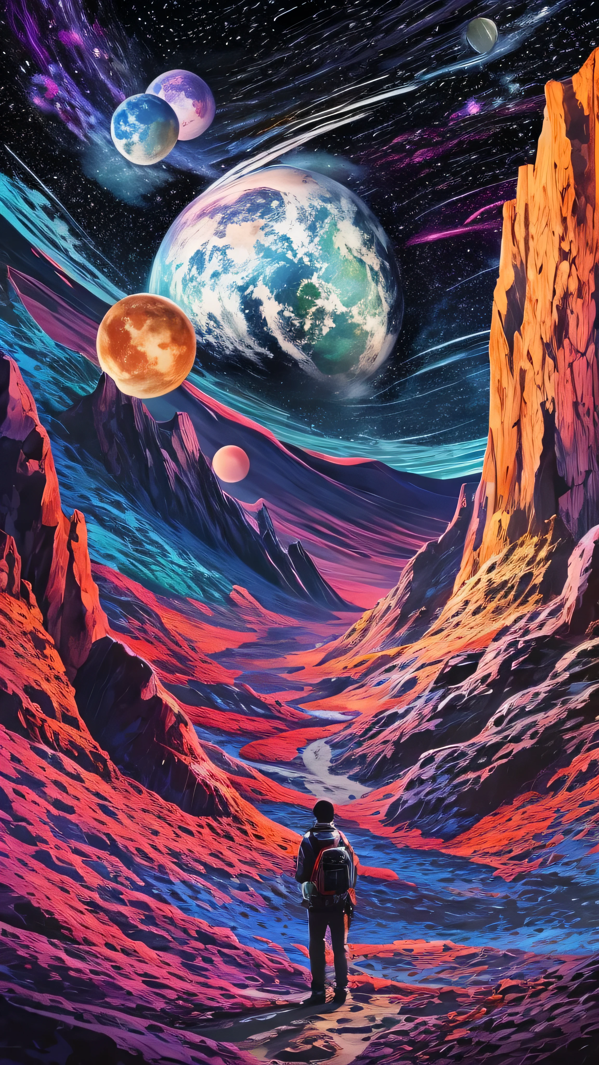 Painting of a man standing in a desert with planets in the background ...